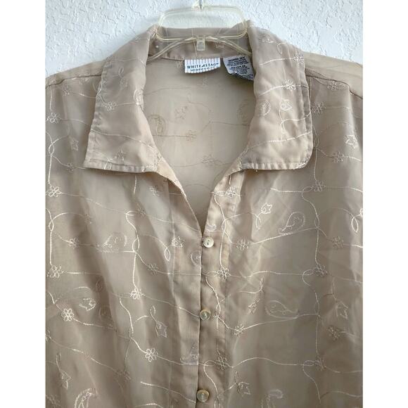 TOP/BLOUSE-WHITE STAG-Tan-Sheer-Button Up-Embroidery-3/4 Sleeves-Size Plus 16 W - Picture 5 of 16